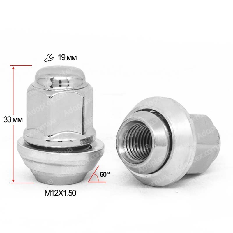 Гайка M12*1,5*33 мм Ford (Вращ Конус) Хром Ключ 19 (341145) - Зображення 2