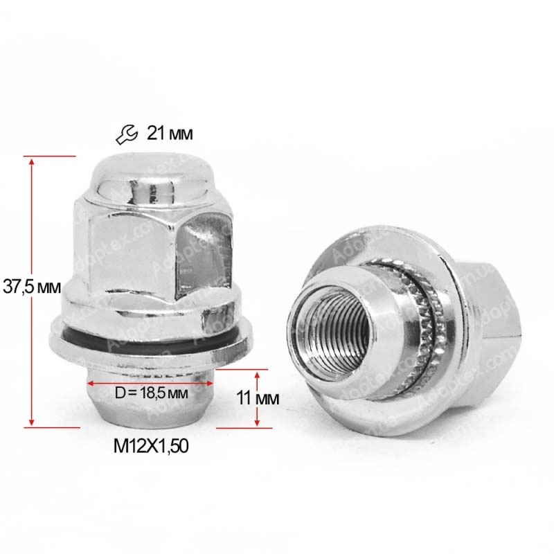 Гайка M12*1,5*37,5 мм Прессшайба D-18.5 Хром Ключ 21 (723845) - Зображення 2